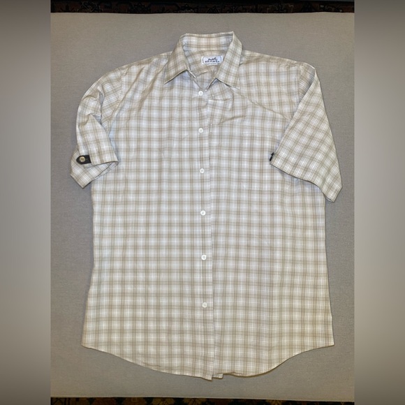 Hermès Paris Tan Plaid Check Short Sleeve Button Up Top Men’s Designer Luxe med